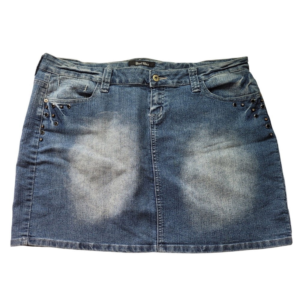 Sweet Vibes Denim Skirt Womens 18 Medium Wash Studded Mini Stretch Y2K Grunge